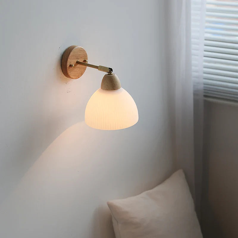 Afralia™ Copper Rotate White Glass Wood Wall Lights LED Bedroom Bedside Lamp