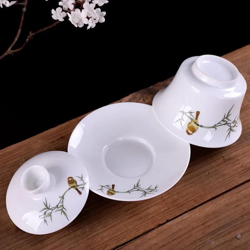 Afralia™ Blue & White Porcelain Gaiwan Tea Set Puer Tea Cups Soup Bowl with Lid