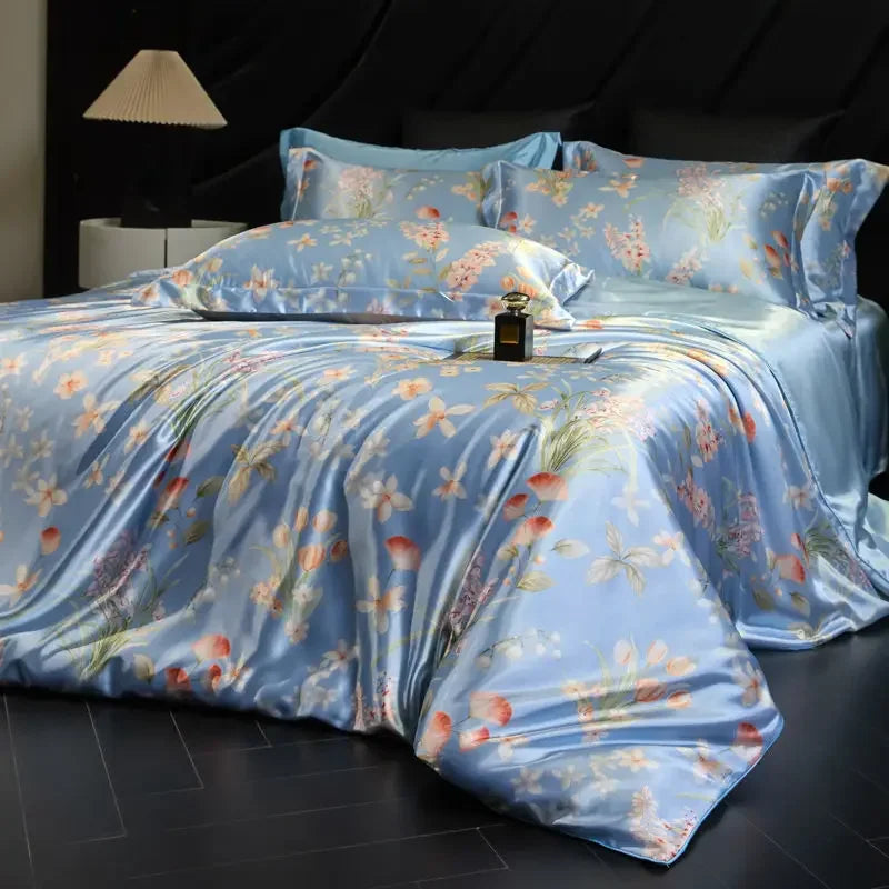 Afralia™ Mulberry Silk Cooling Bedding Set - 3D Printed Satin Fitted Sheet & Quilt Cover