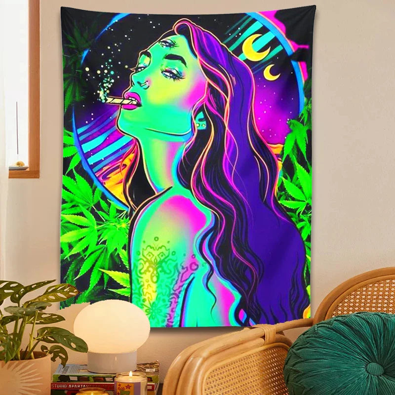 Afralia™ Moon Girl Smoke Tapestry: Psychedelic Hippie Trippy Leaves Aesthetics & Home Decor