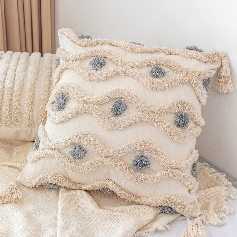 Afralia™ Boho Square Pillowcase with Embroidery & Tassel Detail for Living Room Sofa