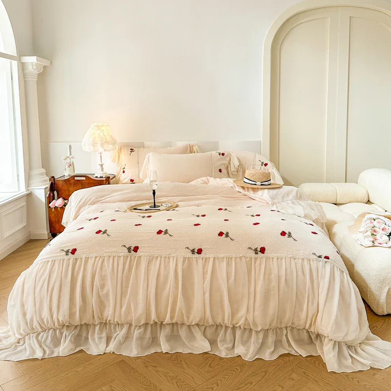 Afralia™ Romantic Lace Ruffles Rose Flowers Embroidery Princess Bedding Set