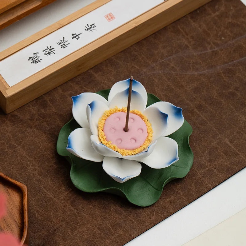 Lotus Aroma Holder Censer with Water Lily Art Flower, by Afralia™