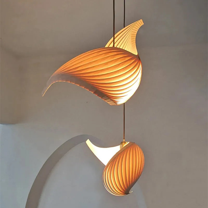 Afralia™ Wing Maple Pendant Lamp Pleated Wooden Hanging Light Japanese Style