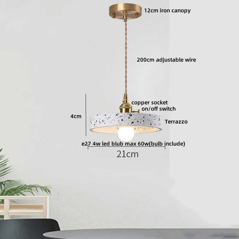 Afralia™ LED Terrazzo Pendant Lamp White Stone Wood Hanging Light