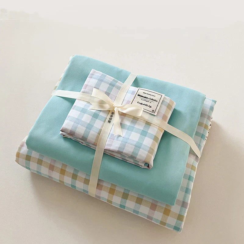 Afralia™ Japanese Grid Printed Cotton Bedding Set in Queen/King for Cozy Sleep