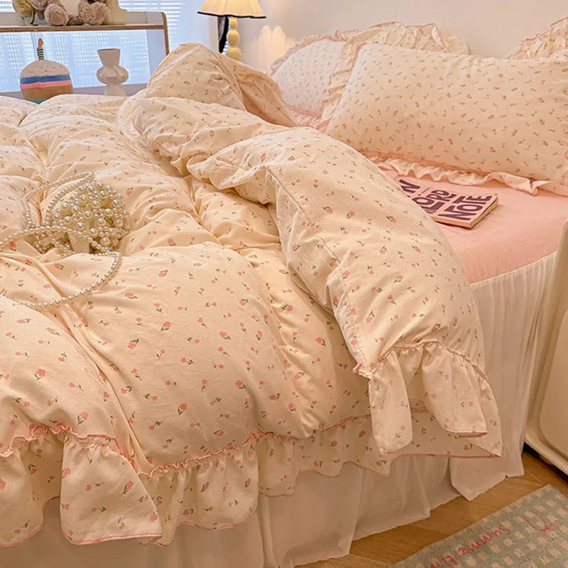 Afralia™ Korean Princess Floral Print Bedding Set in Washed Cotton for Girls