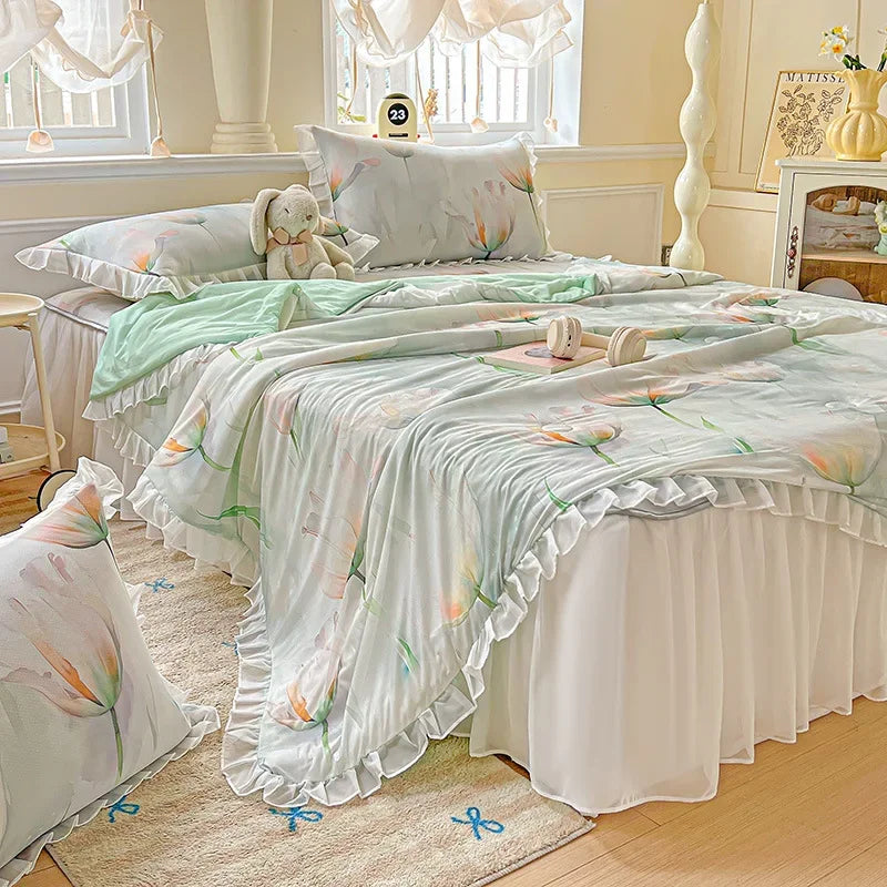 Afralia™ Floral Print Lace and Ruffle Summer Quilt: Skin-Friendly, Breathable Comforter