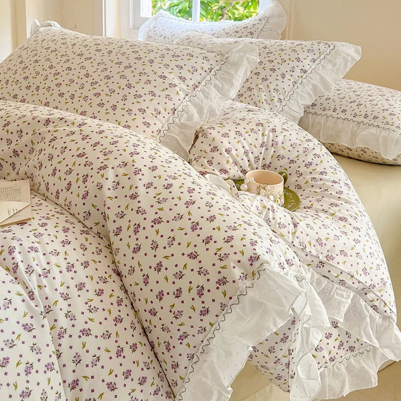 Afralia™ Floral Lace Ruffle Cotton Bedding Set with Quilt Cover, Duvet Cover, and Pillowcases
