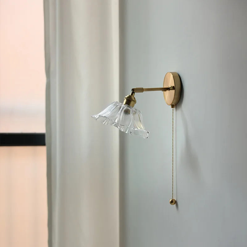 Afralia™ Glass Shade LED Wall Light with Pull Chain Switch - Plug-In Bedroom Lamp