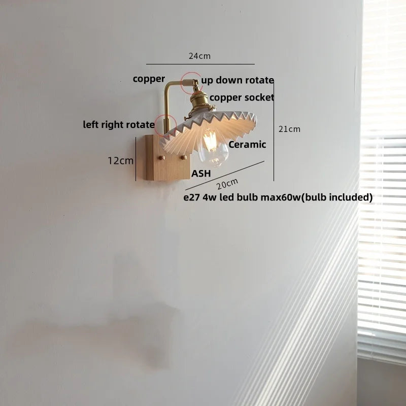 Afralia™ Nordic LED Wall Lamp Walnut Wood Rotatable Copper Pull Chain Light