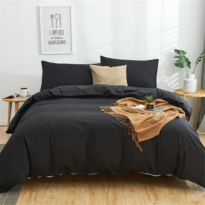 Afralia™ Cotton 4pcs Bedding Set Double Queen Solid Color Duvet Cover Flat Bed Sheet