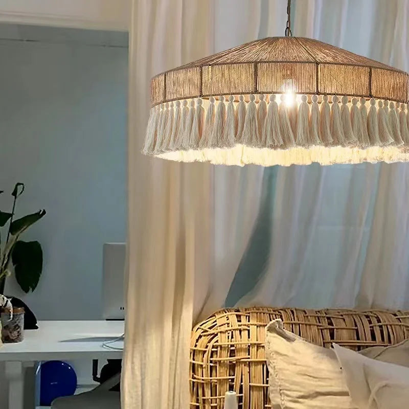 Afralia™ Vintage Hemp Rope Tassel Pendant Light for Kitchen Living Room Bedroom