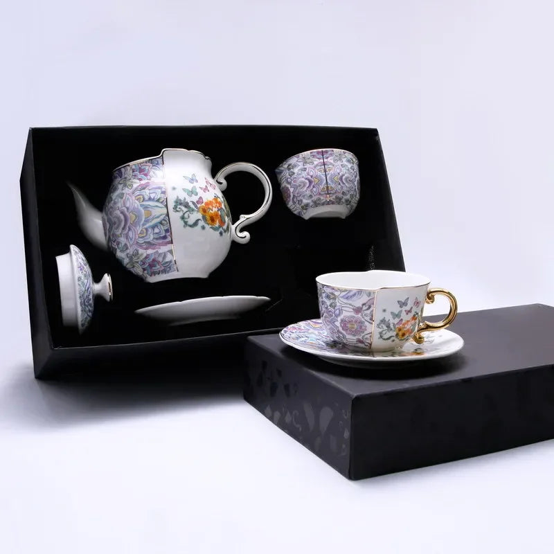 Fairy Crane Pattern Ceramic Tea Set with Gold-plated Accents by Afralia™