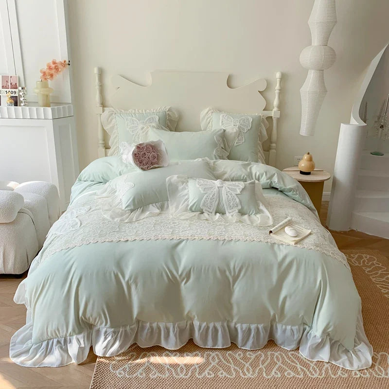 Afralia™ Romantic Lace Ruffles Bedding Set with Bow Decoration - Pink Girls Duvet Cover Set