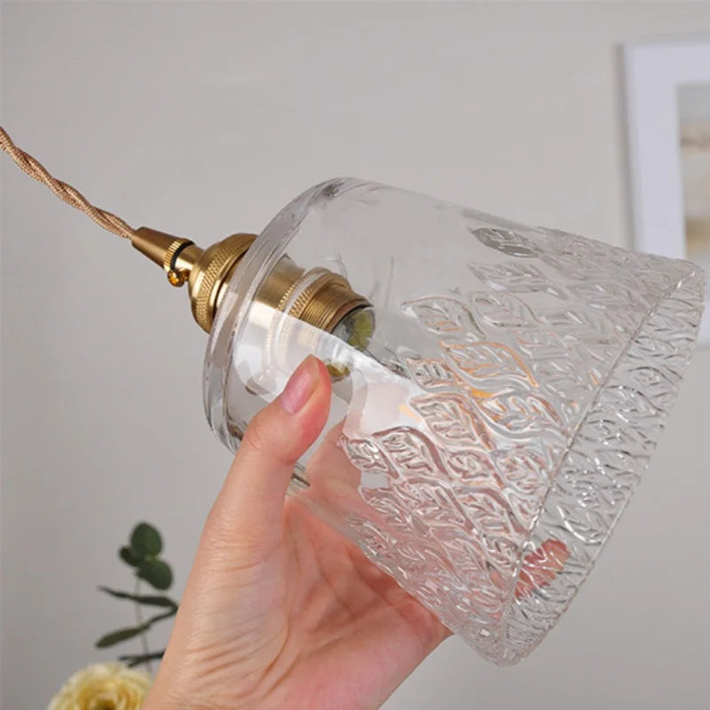 Afralia™ Clear Leaf Glass LED Pendant Copper Switch Kitchen Dining Room Light