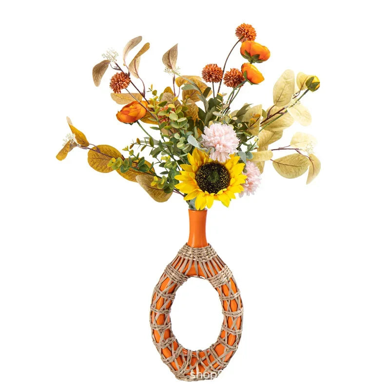 Afralia™ Rattan Vase: Geometric Ceramic & Straw Plaited Floral Arrangement Home Decor