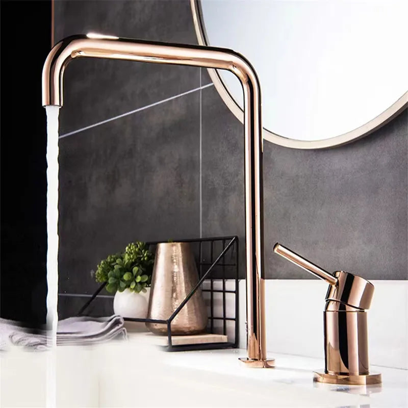 Afralia™ Rose Gold Widespread Basin Faucet - 360° Rotating Two Hole Bathroom Tap