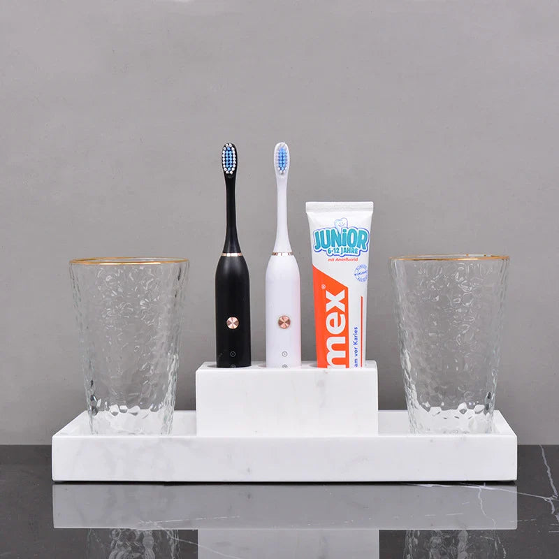 Afralia™ Marble Bathroom Accessories Set Electric Toothbrush Holder Glass Cup Tray