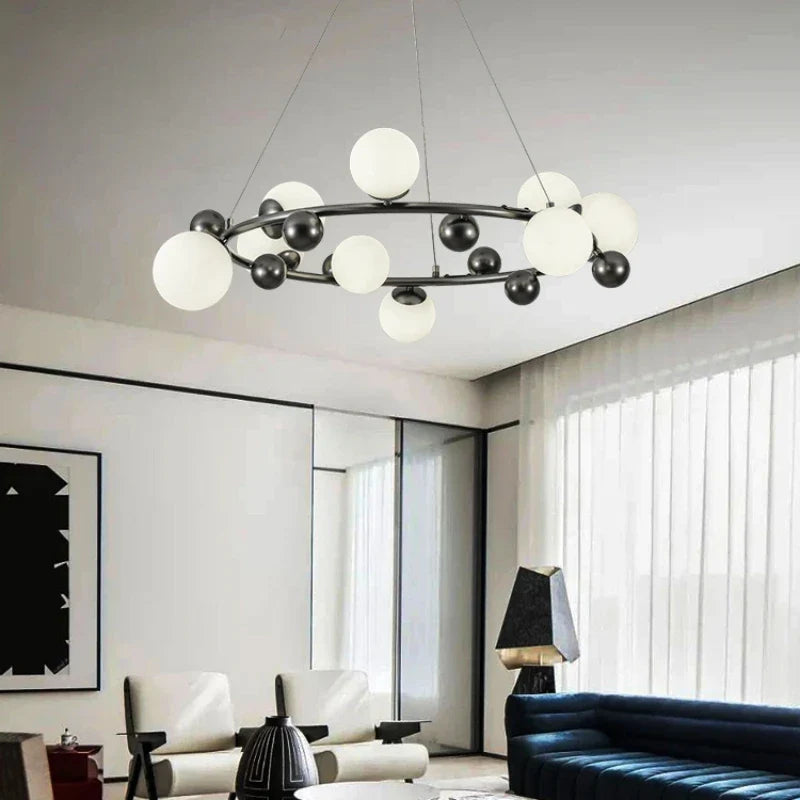 Afralia™ Modern Black Metal Glass Chandelier for Parlor Dining Bedroom Hall G9 Bulb