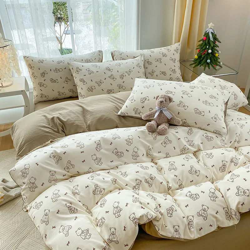 Afralia™ Cartoon Heart Plant Floral Print 3Pcs Set (Duvet Cover + Pillowcases)