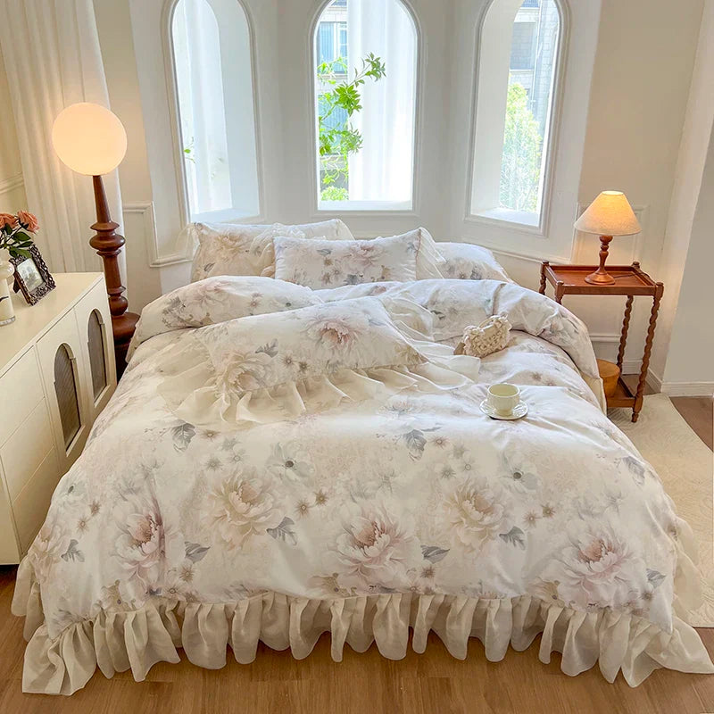 Afralia™ French Vintage Lace Princess Bedding Set with Floral Print Quilt Cover