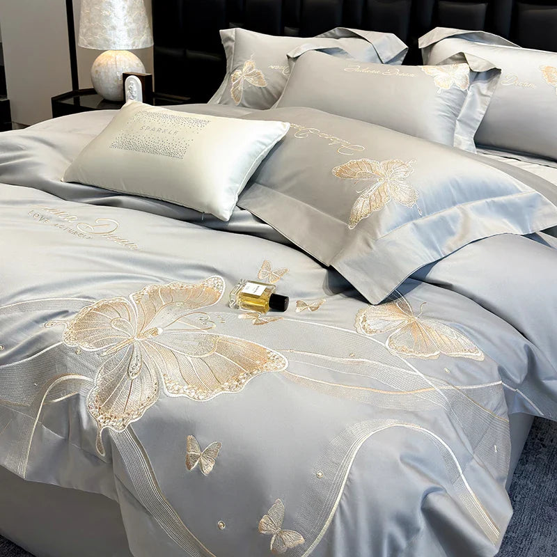 Afralia™ Butterfly Embroidery 100% Egyptian Cotton Bedding Set with Luxury Duvet Cover