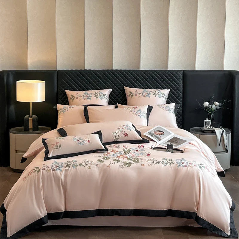 Luxury Flowers Embroidery Black Cotton Bedding Set by Afralia™ - 4Pcs