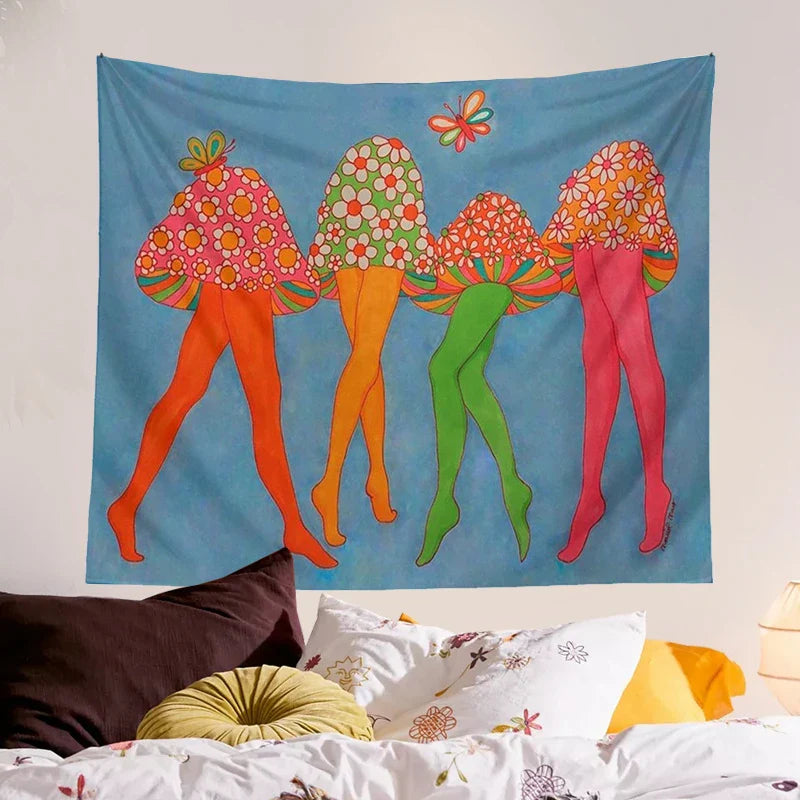 Afralia™ Mushroom Dance Tapestry Wall Hanging Psychedelic Wall Art Vintage 80S Poster