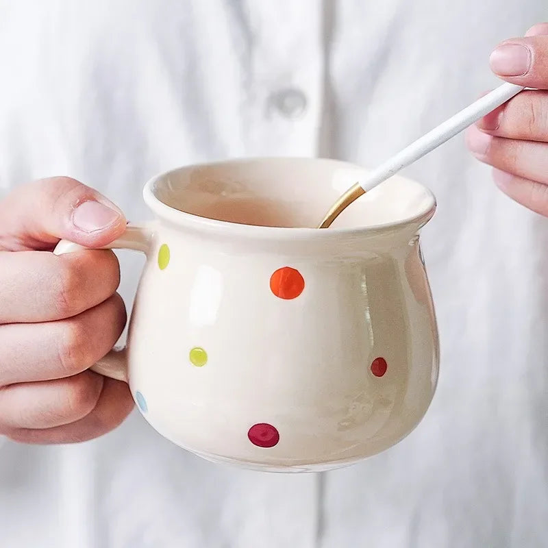 Afralia™ Polka Dot Ceramic Breakfast Mug Set with Lid and Spoon