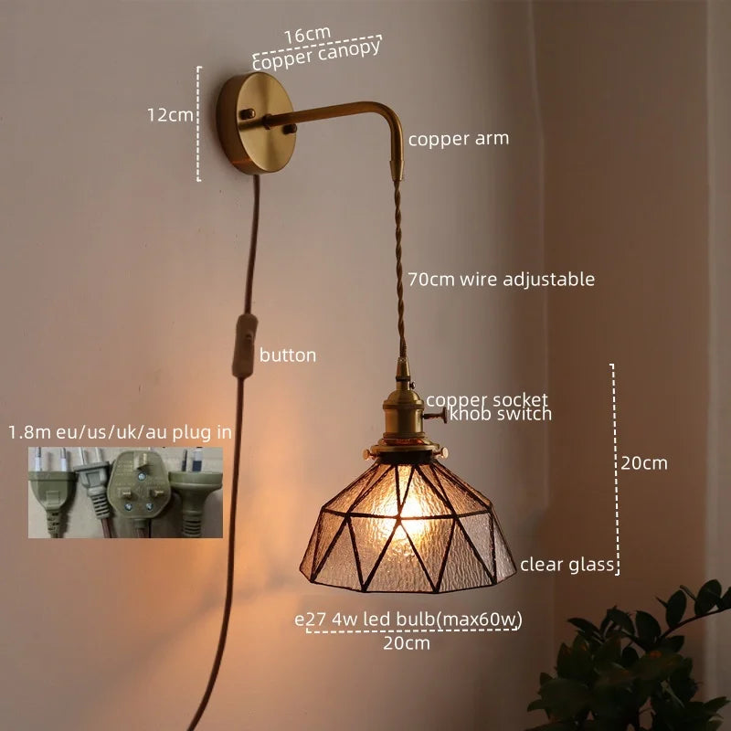 Afralia™ Copper Glass Pull Chain LED Wall Sconce for Indoor Living Room Stairway Lighting