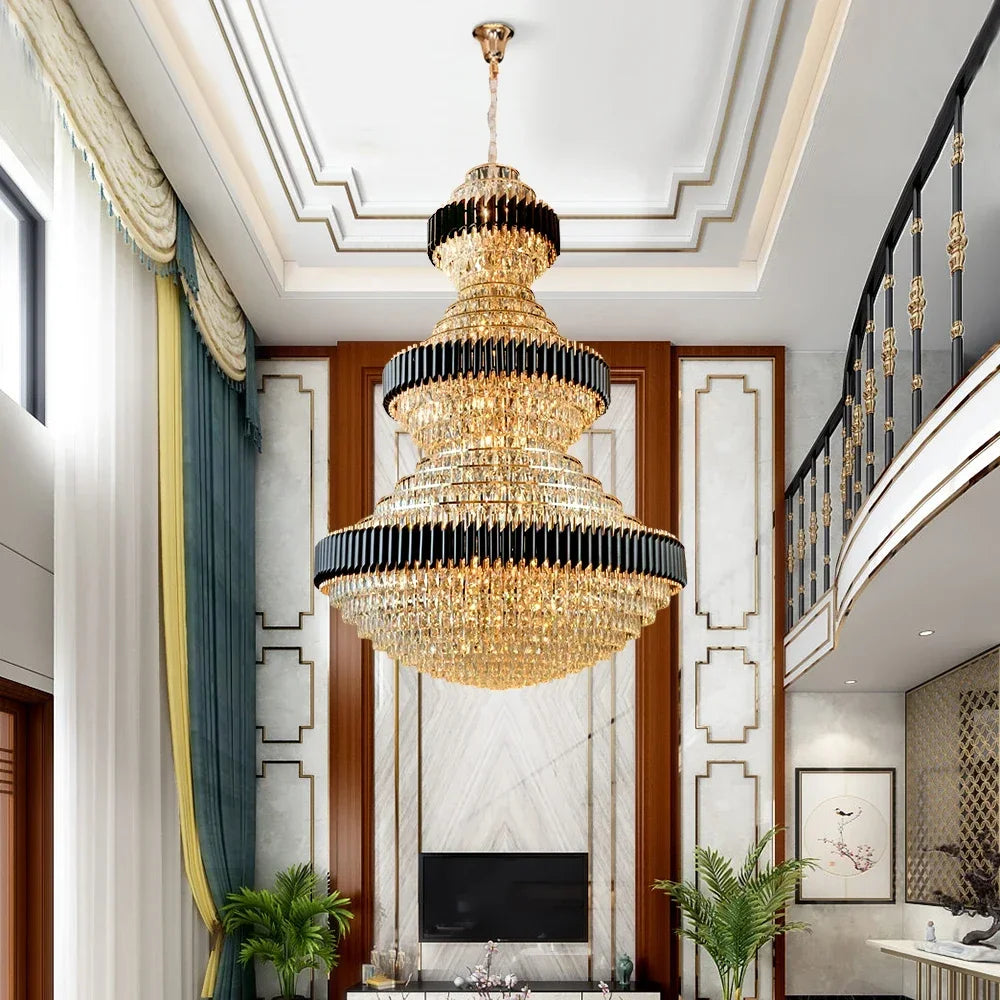 Afralia™ Luxury Crystal Staircase Chandelier: Elegant Lighting for Villa, Lobby, Hotel - Black Stainless Steel