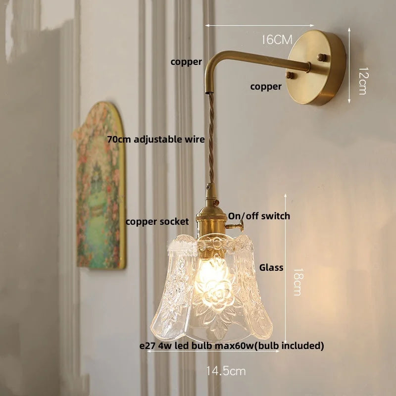 Afralia™ Modern Clear Glass LED Wall Light with Pull Chain Switch, Adjustable Wire & Copper Wall Lamps