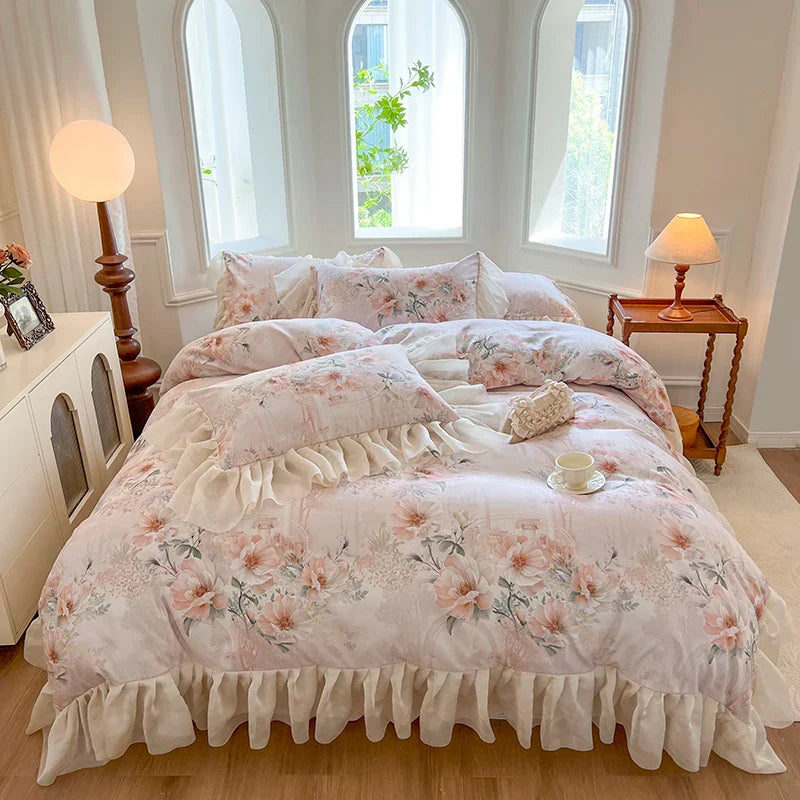 Afralia™ French Vintage Lace Princess Bedding Set with Floral Print Quilt Cover