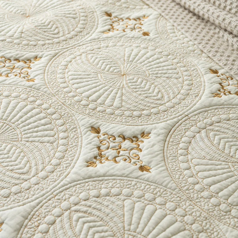 Afralia™ Gold Embroidery Cotton Bohemia Quilt Set - 3PCS Coverlet & Pillowcase