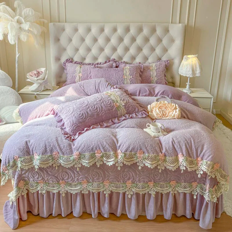 Afralia™ Pink Flowers Lace Ruffles Princess Velvet Bedding Set