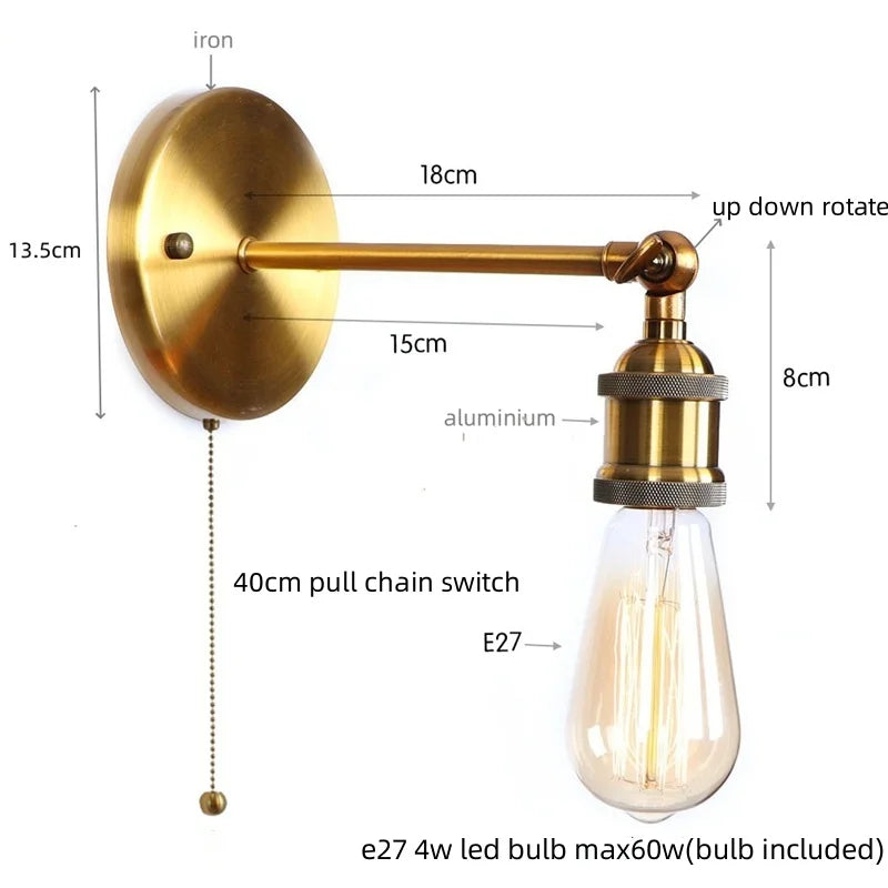 Afralia™ Retro Iron LED Wall Lamp Sconce, Gold Vintage Indoor Luminaire for Bedroom, Cafe