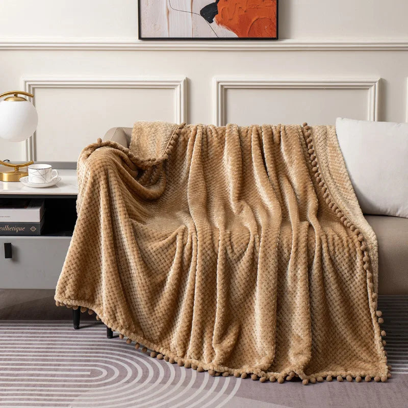 Afralia™ Pineapple Plaid Coral Fleece Blanket with Tassel Balls - Soft & Breathable Bedspread