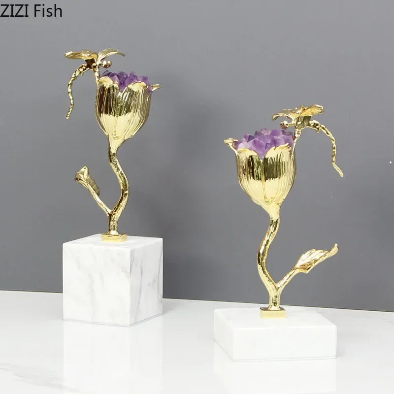 Afralia™ Amethyst Flower Ornaments Gold-plated Dragonfly Decor Sculpture Room Decor