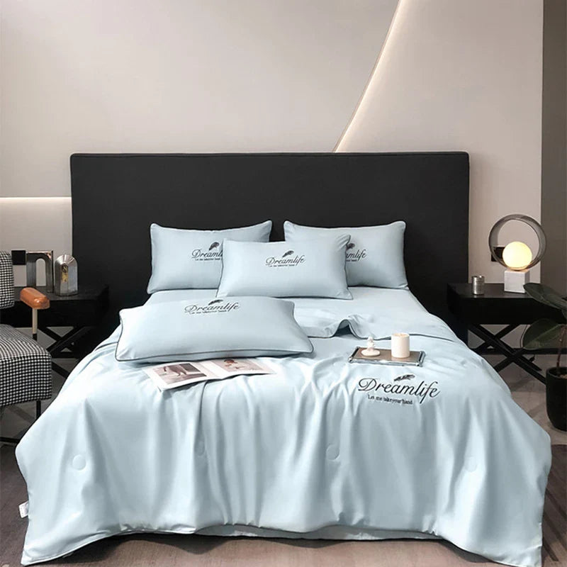 Afralia™ Silky Embroidery Cooling Quilt Set for Cozy Single Double Bed Comfort.