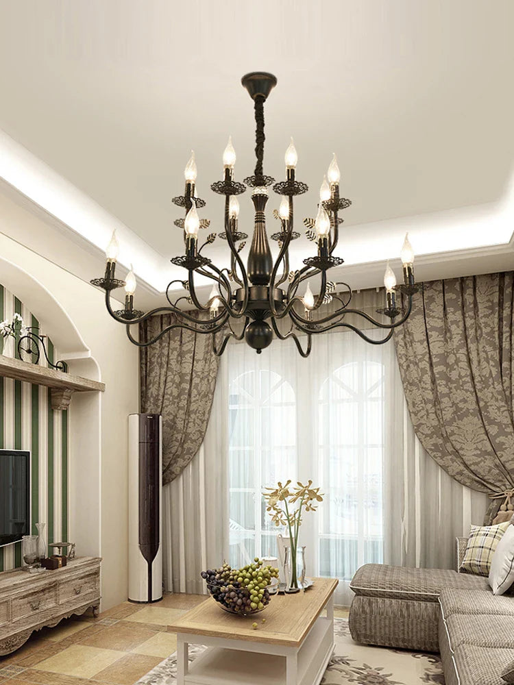 Afralia™ Wrought Iron Chandelier Candle Light Black/Gold Metal Fixture