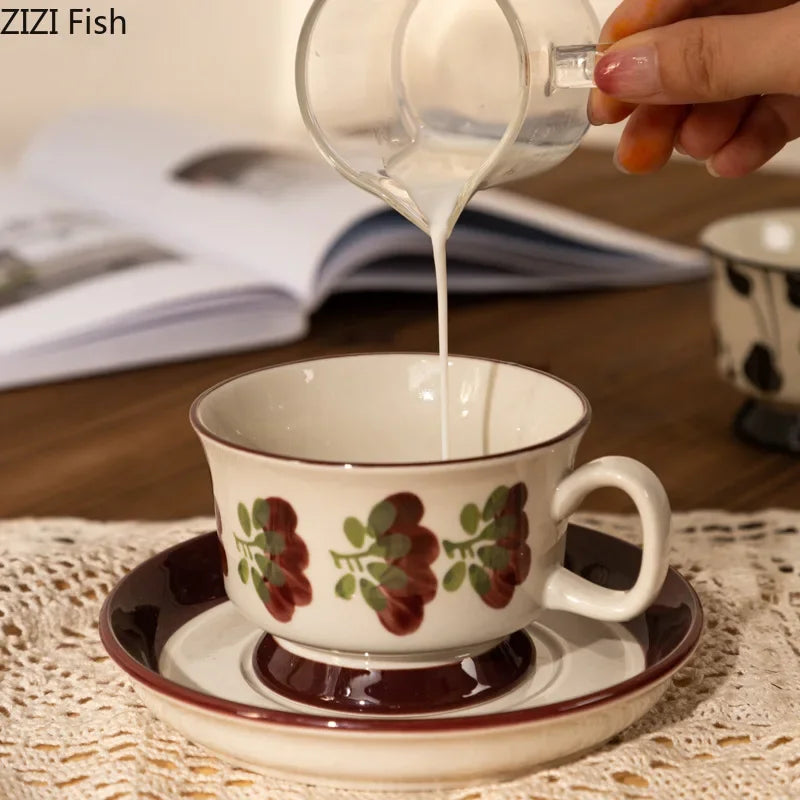 Afralia™ Ink Flowers Ceramic Cup & Saucer Set - Gold-plated Coffee Mug for Dining Table