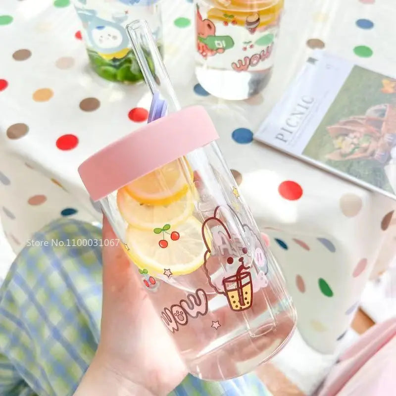 Afralia™ Cartoon Glass Cup with Lid & Straw - 600ml Drinkware