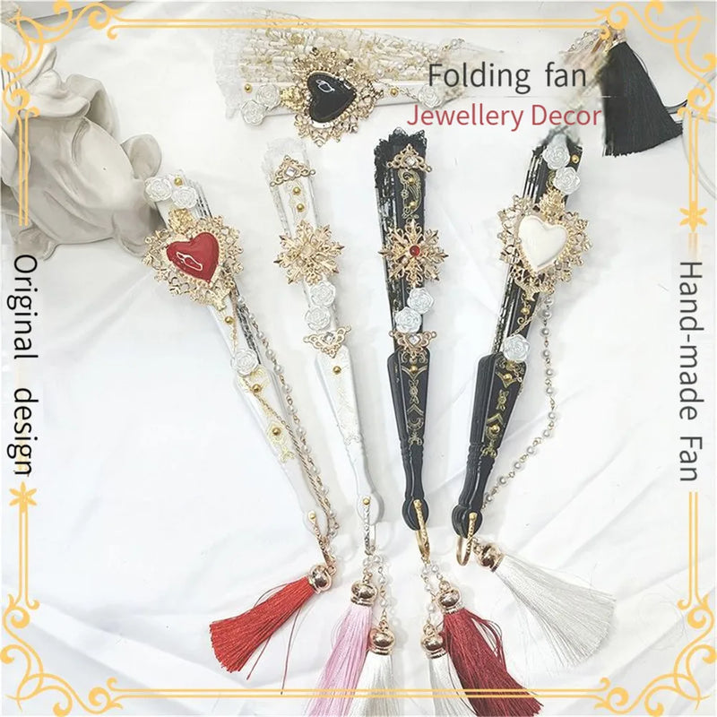 Afralia™ Elegant Gemstone Handle Lace Fan for Dark Gothic Court Party