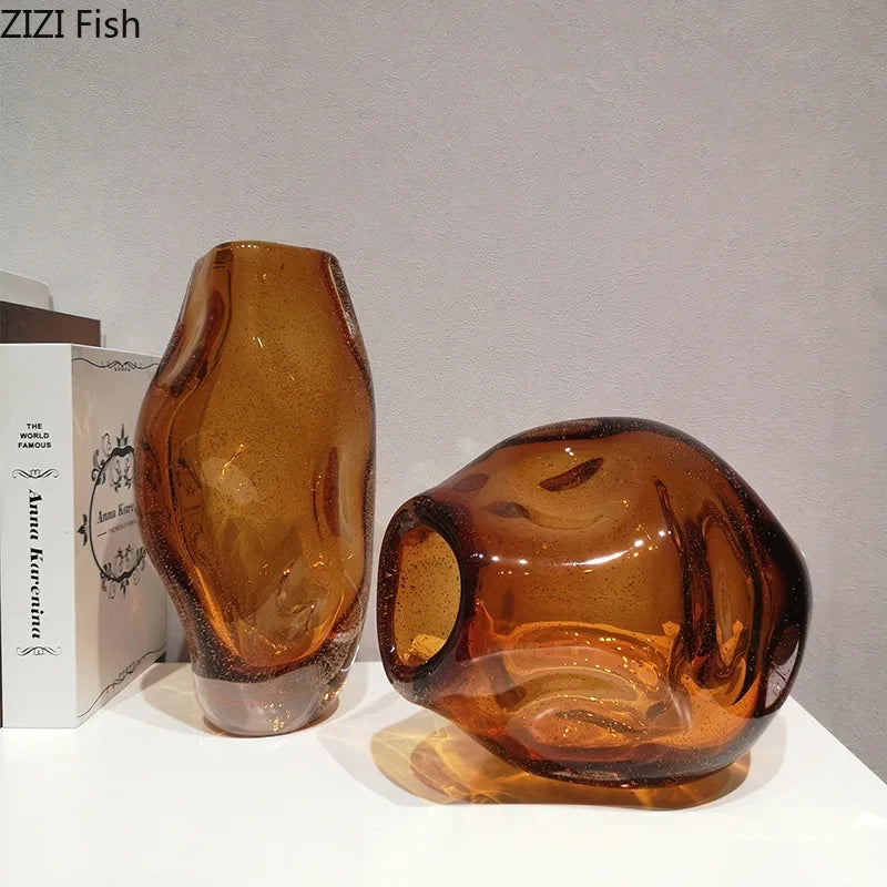 Afralia™ Amber Glass Vase & Artificial Flower Desk Decoration for Room Aesthetic