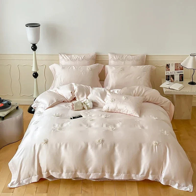 Afralia™ Pink Flower Embroidered Lyocell Bedding Set - High-end Duvet Cover Set