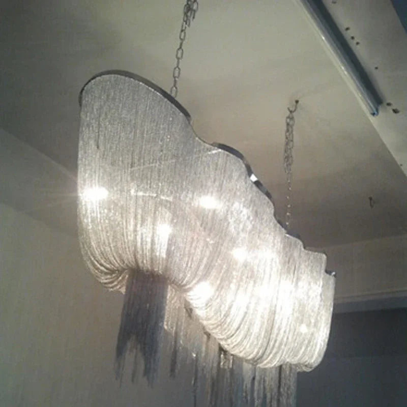 Afralia™ Modern Silver Aluminum Chain Chandelier Luxury Pendant for Hotel Restaurant Decor.