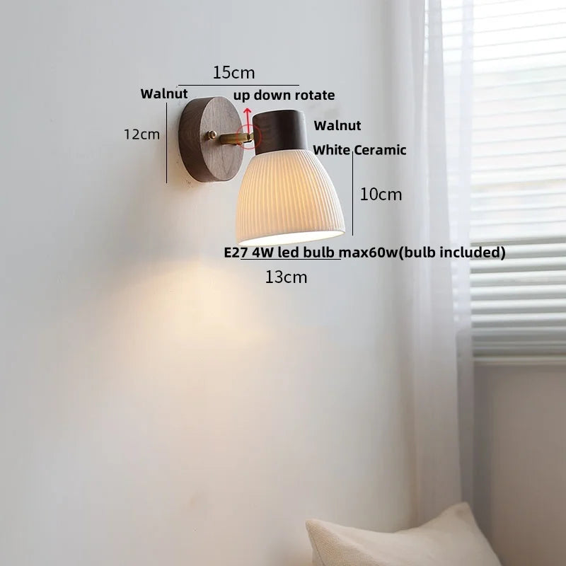 Afralia™ Walnut Wood LED Wall Sconce Ceramic Rotate Modern Bathroom Mirror Light