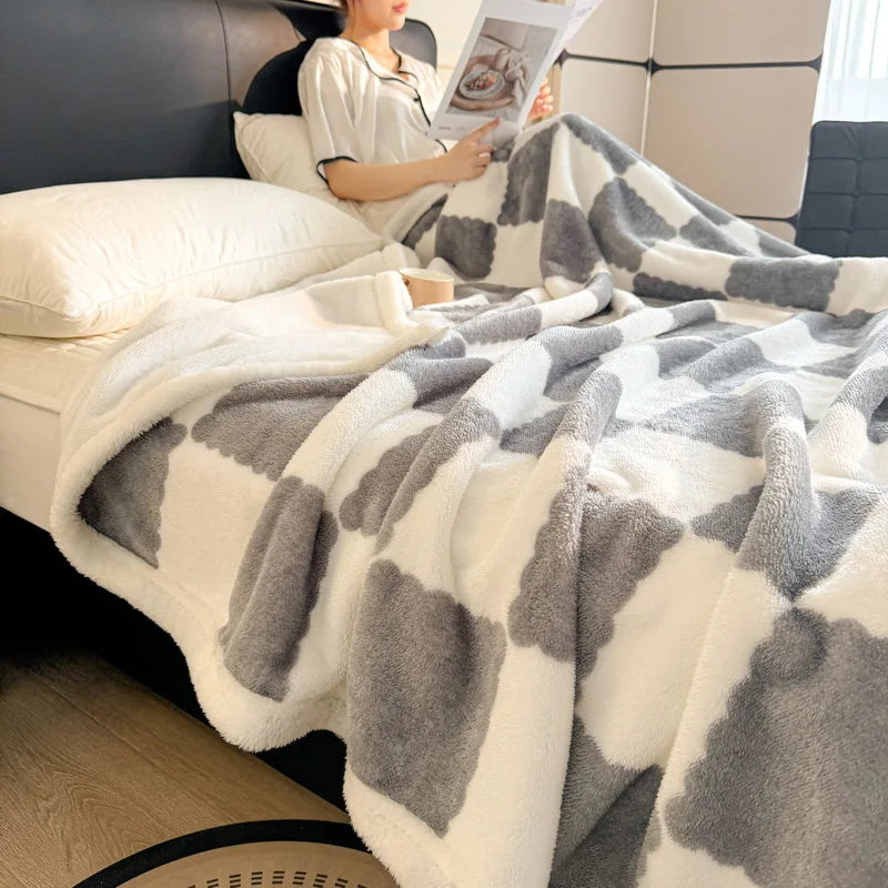 Afralia™ Velvet Checkerboard Blanket - Double Layered Thick Coral Fleece Sofa Cover