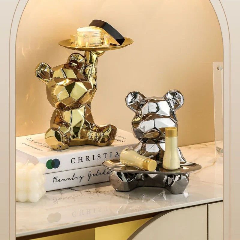 Afralia™ Ceramic Bear Statue with Keys, Cosmetic Tray, Piggy Bank Bookshelf Decoration